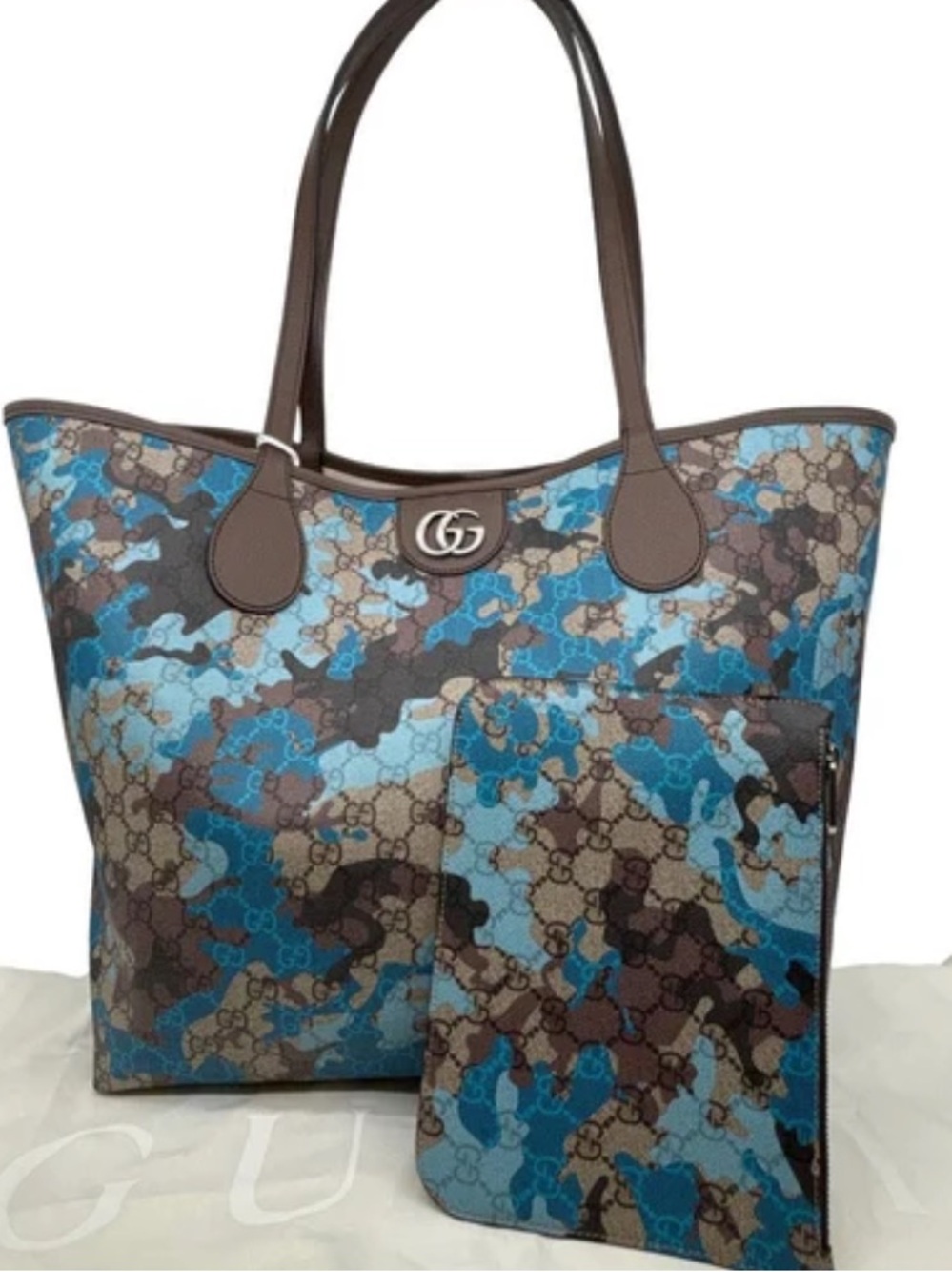 Gucci Blue and Brown Camouflage GG Tote with Wristlet